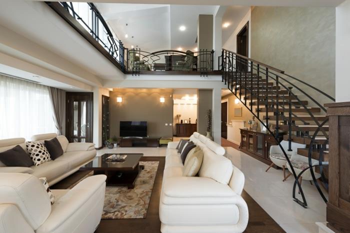 moderni sisustus olohuone moderni portaikko valkoinen huonekalut matto kuvio