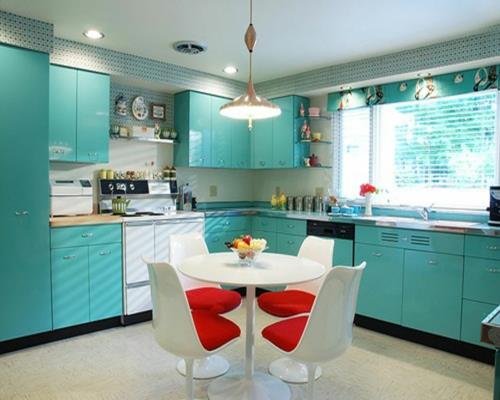 luova keittiö suunnittelee sinisiä pintoja ruokailutila valkoiset huonekalut