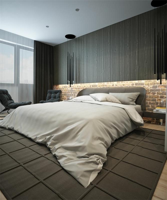 moderni elävä muotoilu trendikäs makuuhuone viileällä matolla