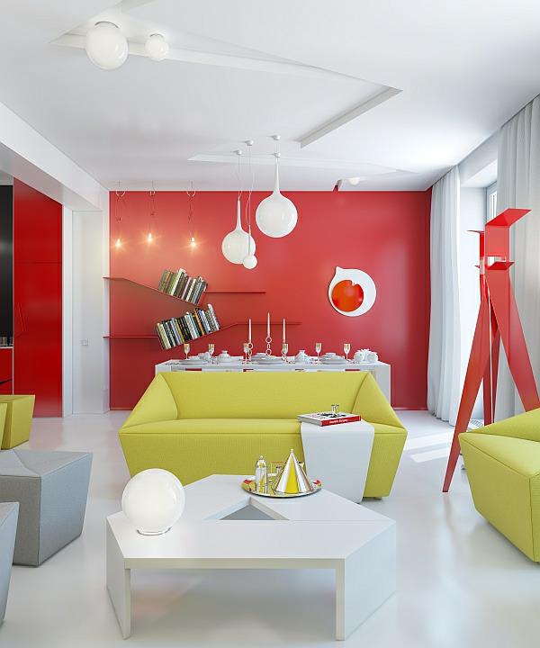 moderni olohuoneen muotoilu kulmikas punainen vihreä