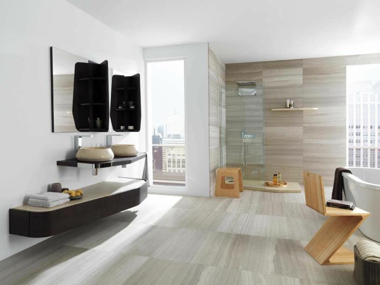 moderni kylpyhuone sisustus kylpyhuone huonekalut puu kylpyhuone laatat travertiini laatat