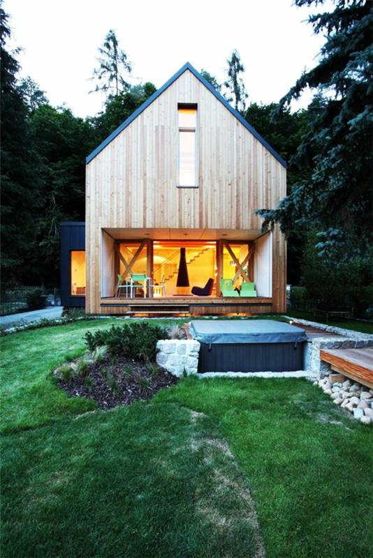 moderni arkkitehtuuri maalaistalo puutalot, joissa on kuisti veranta, rakentavat terassisuunnittelun