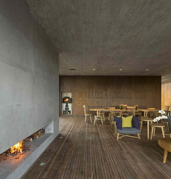 moderni arkkitehtuuri kestävä suunnittelu p talo brasilia olohuone takka puubetoni