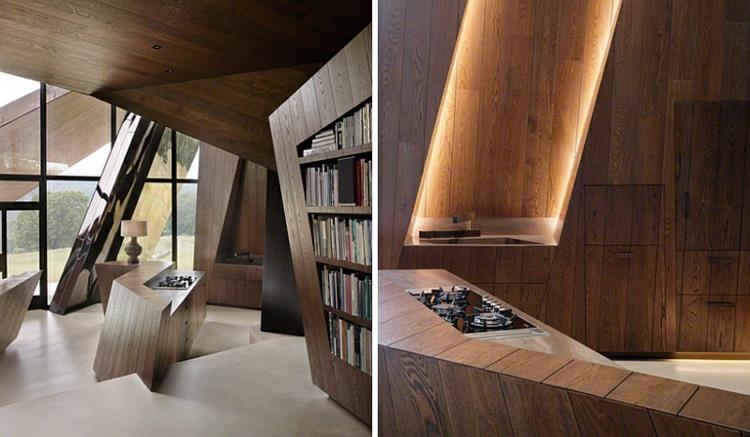 moderni arkkitehtuuri ja design puukalusteet talon kirjasto olohuone