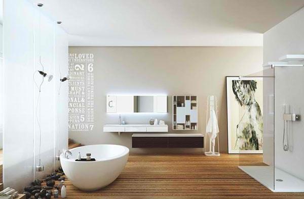 moderni kylpyhuone vapaasti seisova kylpyamme suihku seinän suunnittelu puulattia moma design