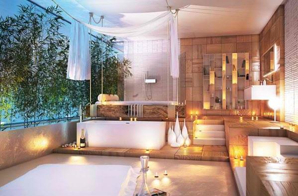 moderni kylpyhuone vapaasti seisova kylpyamme romanttiset puukalusteet moma design