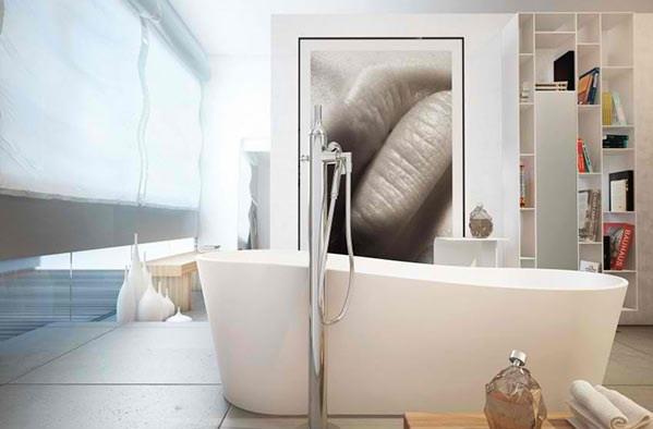 moderni kylpyhuone seinän suunnittelu seinähyllyt vapaasti seisova kylpyamme moma design
