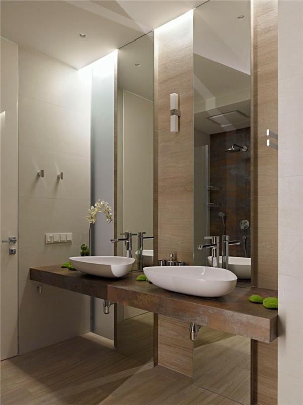 moderni kylpyhuone pesuallas puu näyttää seinäpeili suihku puulattia