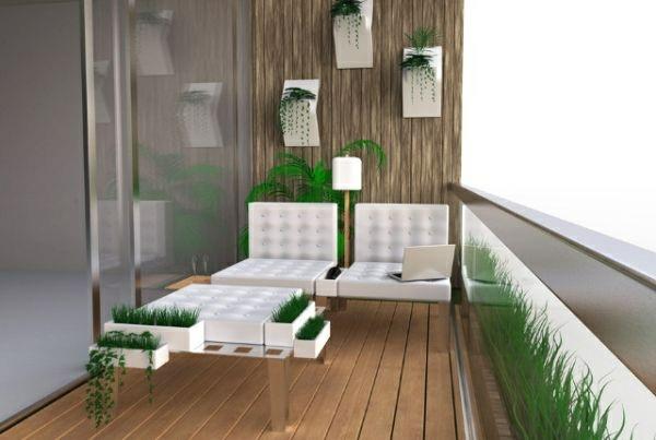 moderni parveke design valkoiset huonekalut vihreät kasvit