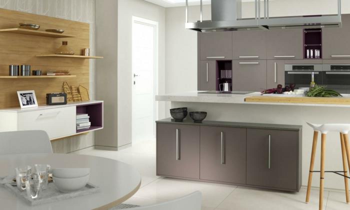 moderni lattiapäällysteet lattialaatat kermanvalkoinen keittiö keittiösaari pyöreä ruokapöytä avoimet hyllyt