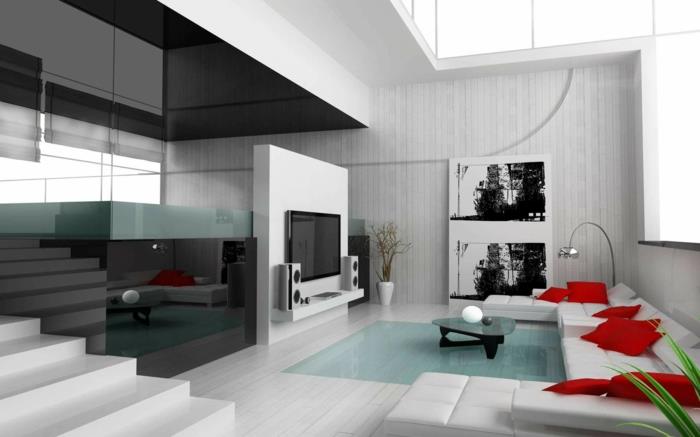 moderni lattiapäällysteet parvi huoneisto valkoinen sohva punaiset tyynyt kaarivalaisin puiset lattialaudat seinäverhous