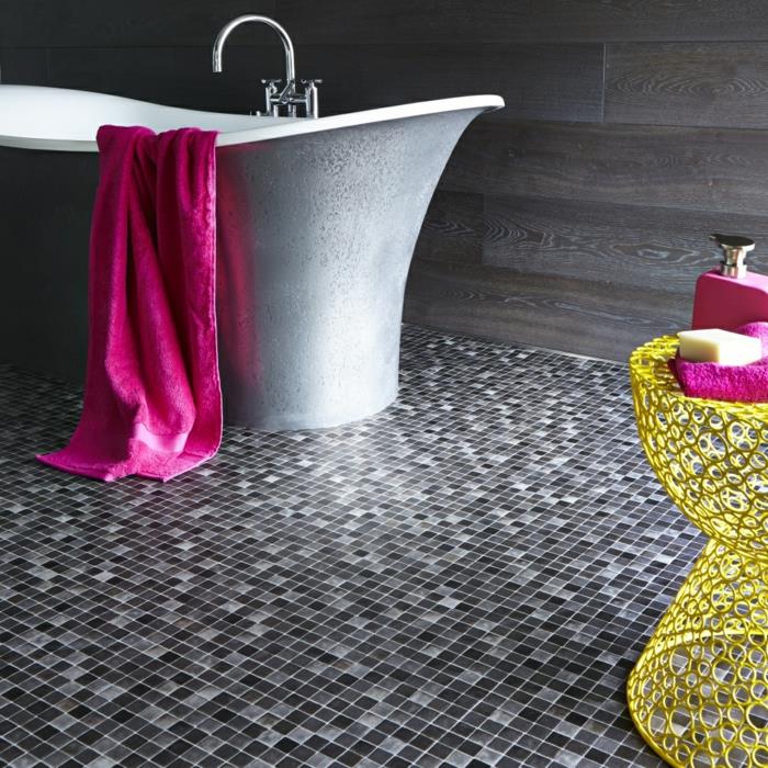 moderni lattia vinyyli vapaasti seisova kylpyamme keltainen sivupöytä