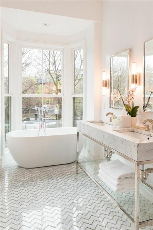 moderni lattia valkoinen lattia kylpyhuone chevron kuvio vapaasti seisova kylpyamme