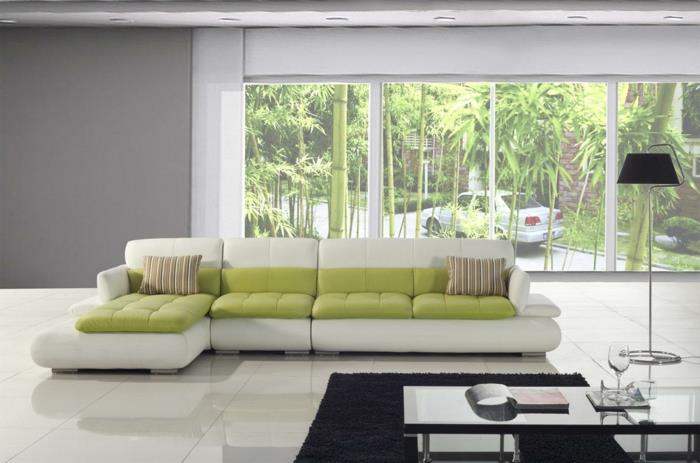moderni lattia olohuone sisustus vihreä aksentti valkoinen lattialaatat
