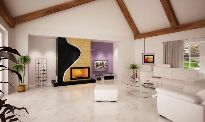 moderni lattiapäällyste olohuone valkoinen lattialaatat marmori näyttää rakeinen olohuone seinä takka avoin kattopalkit