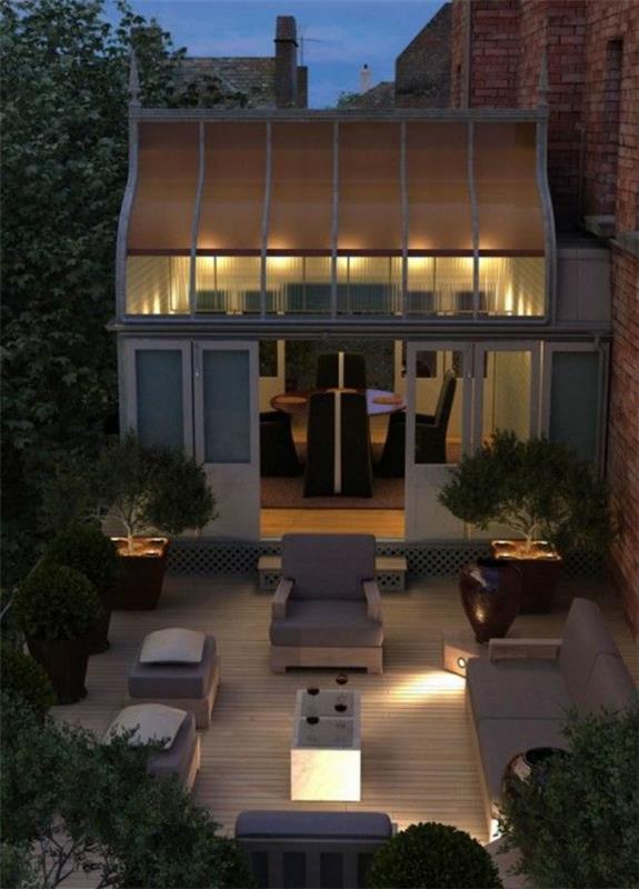 moderni kattoterassi suunnittelu kaunis valaistus istuinalue