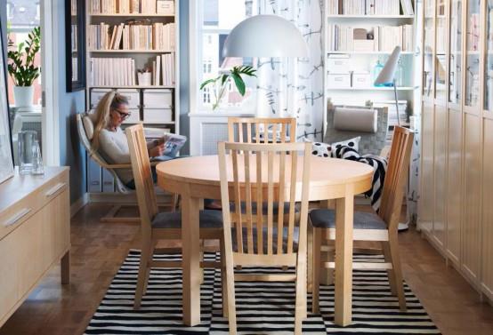modernit ruokasalin suunnitteluideat ikea puu pyöreä ruokailukaluste nauhat matto