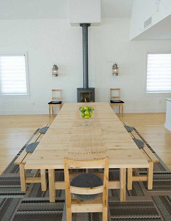 moderni ruokasali skandinaaviseen tyyliin puinen pöytä puinen penkki puinen tuoli