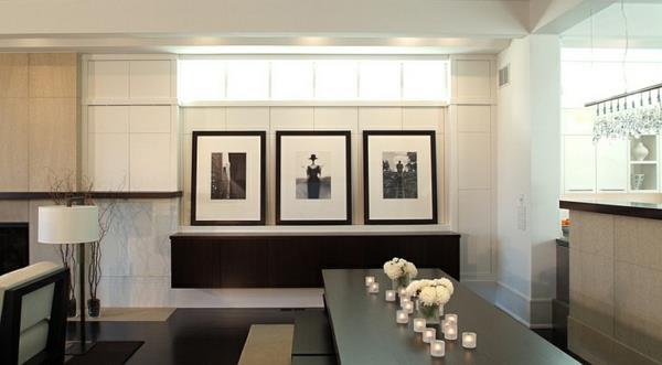 moderni ruokasali mustavalkoinen puinen pöytäpöytäkoristeet kynttilät