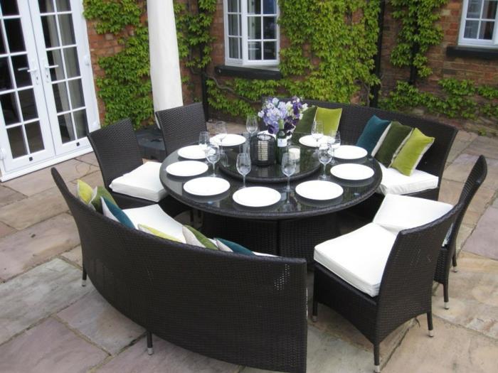 moderni puutarhasuunnittelu pyöreä puutarhapöytä istuimet huonekalut lattiakasvit
