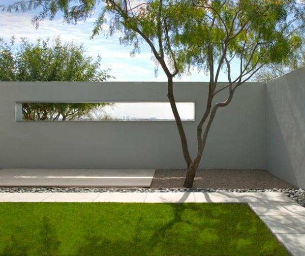 modernit puutarha -aidat ideoita betoni nurmikko sora puu