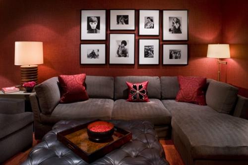 moderni talon sisustus käsityöläinen tyyli punainen seinä lattiavalaisin sohva