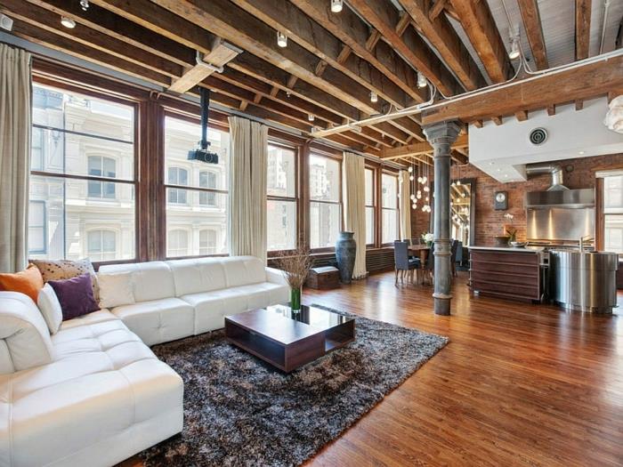 moderni sisustus olohuoneen kalusteet puupalkit puulattia new york city huoneisto