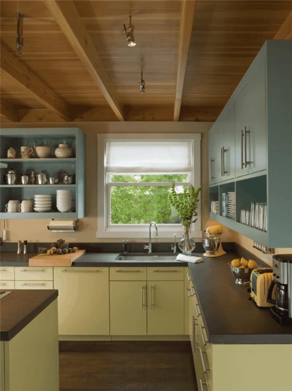 modernit keittiöt puiset huonelattiat puukatto vihreät keittiökaapit