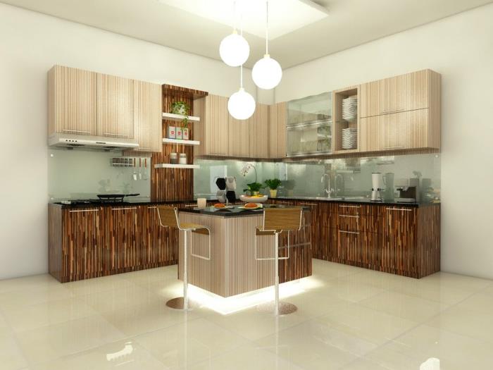 modernit keittiöt keittiökaapit puurakenne lattialaatat valaistu keittiösaari