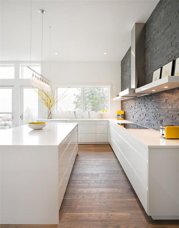 modernit keittiöt minimalistinen tyyli kaunis keittiö takaseinä keltainen aksentti