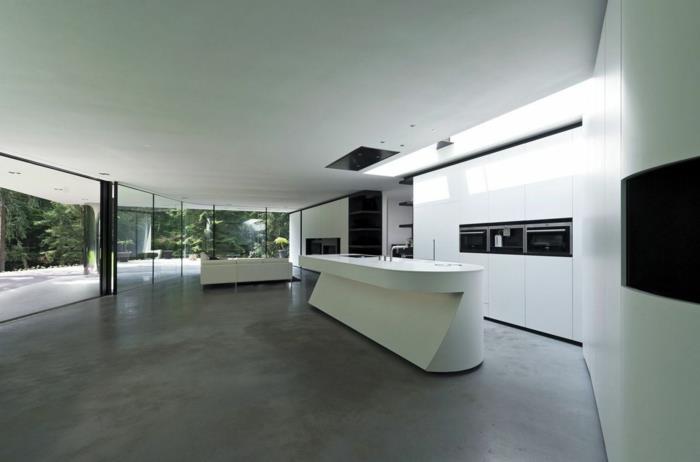 modernit keittiöt minimalistinen futuristinen harmaa lattia valkoiset huonekalut
