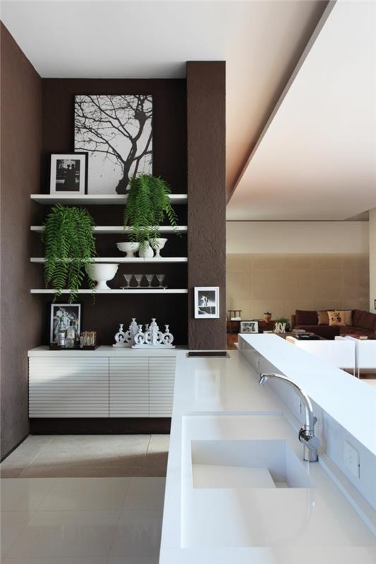 modernit keittiöt avoin olohuone ruskeat seinät kasvit