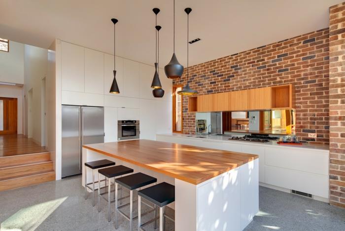 moderni keittiö design feng shui -kalusteet kattovalaisimet avoin tiiliseinä