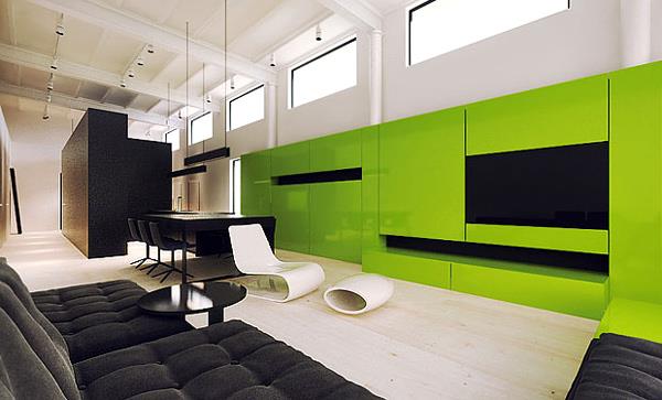 moderni yksinkertainen olohuoneen suunnitteluidea vihreä olohuone
