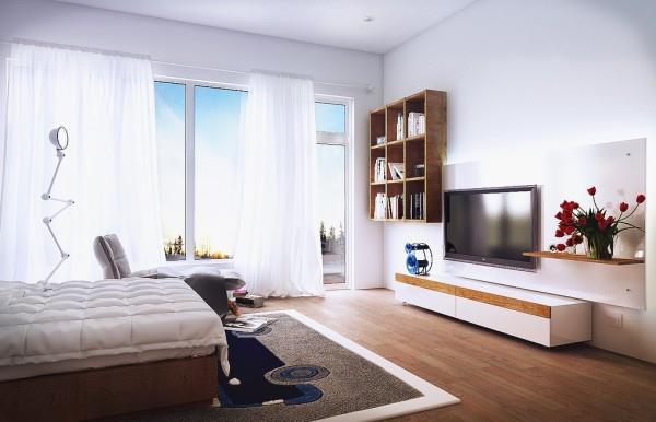 moderni makuuhuone bio puu valkoiset verhot epätavallinen lattiavalaisin