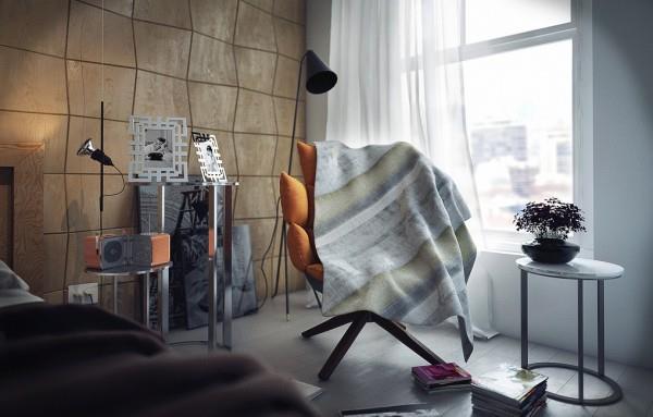 moderni design -makuuhuoneen ergonominen nojatuoli oranssissa katossa pastelliväreissä