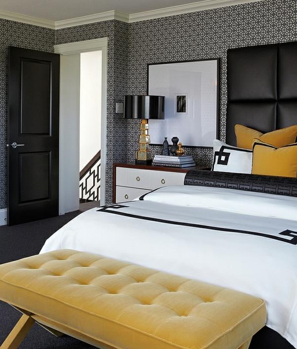 moderni makuuhuone värit musta ja valkoinen keltainen aksentti sänky