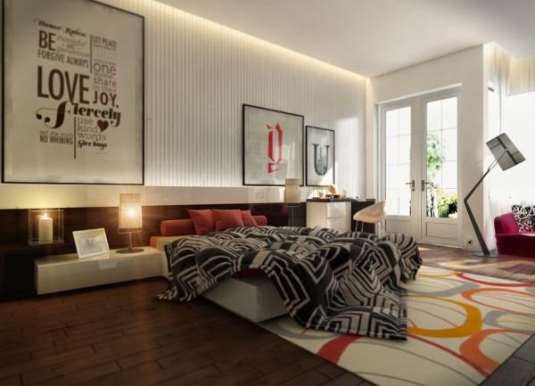 moderni makuuhuoneen geometrinen kuvioitu päiväpeite ja mattovalaisin auringonvalolla