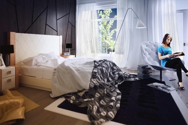 moderni makuuhuone geometriset muodot tummat puupaneelit