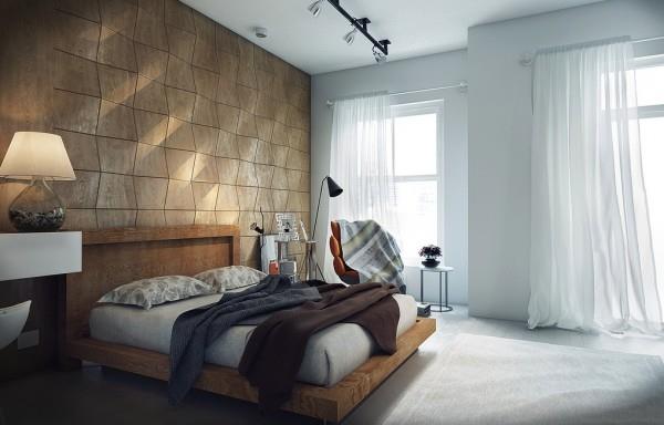 moderni makuuhuoneen puulaatat seinällä hiekanväriset