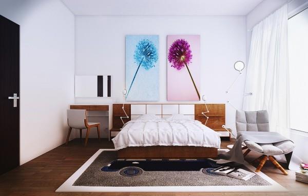 moderni makuuhuone suuri seinätaide koristeelliset sipulit sinisellä ja violetilla