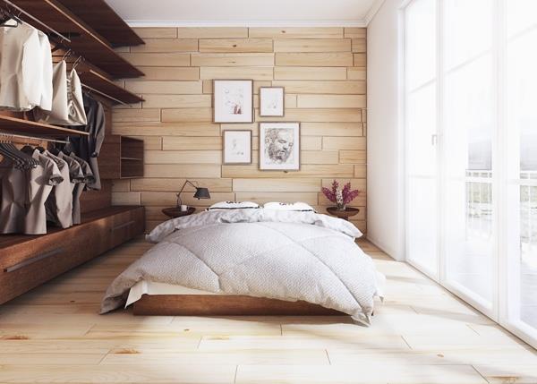 moderni makuuhuoneen seinä ja lattia vaaleista puupaneeleista