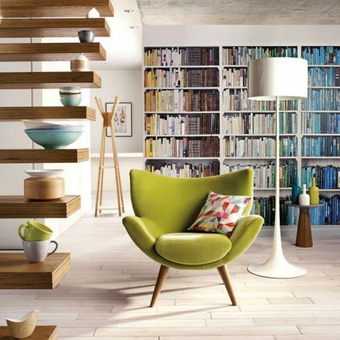 moderni nojatuoli retro design vihreä olohuone avoimet hyllyt