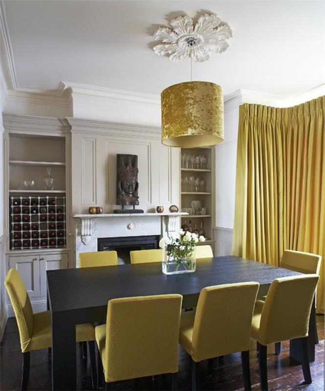 modernit tuolit ruokasali keltaiset tuolit tummanruskea ruokapöytä keltaiset verhot