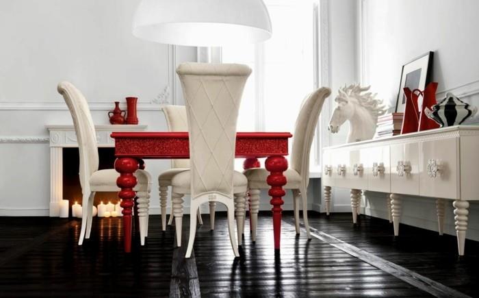 modernit tuolit ruokasali valkoiset tuolit punainen ruokapöytä musta lattia
