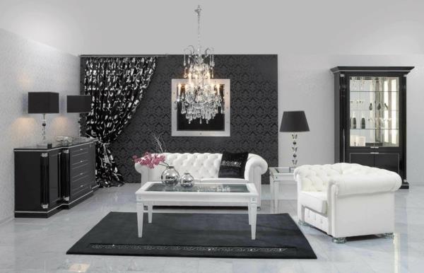 moderni tapetti olohuone valkoiset sohvat musta matto