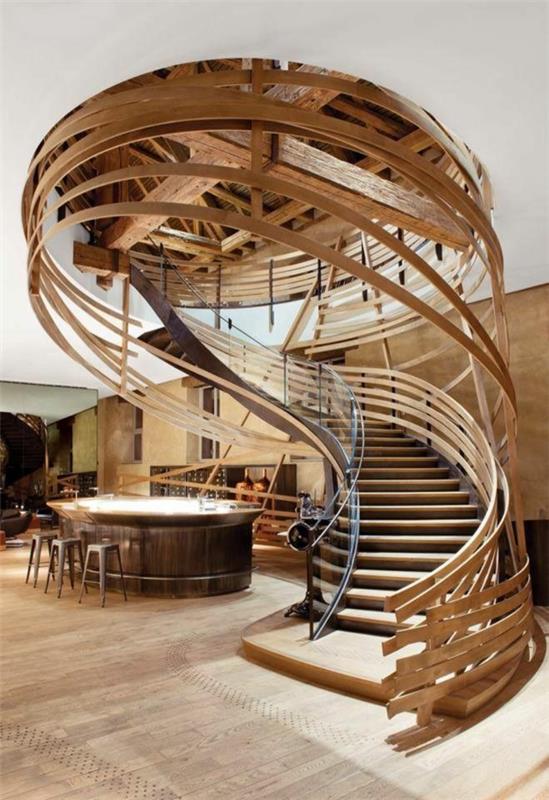 modernit portaat, jotka on valmistettu puuelementeistä baarijakkaran sisustusideoita