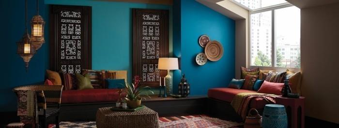 moderni seinäsuunnittelu siniset sävyt olohuone