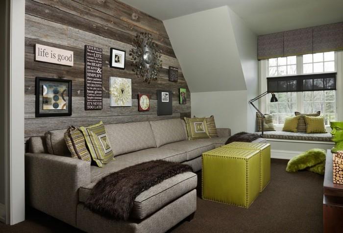 moderni seinäsuunnittelu olohuone puuseinä vihreä sohvapöytä