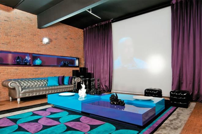 moderni seinäyksikkö olohuone suunnittelija huonekalut kotiteatterin verhot violetti sininen